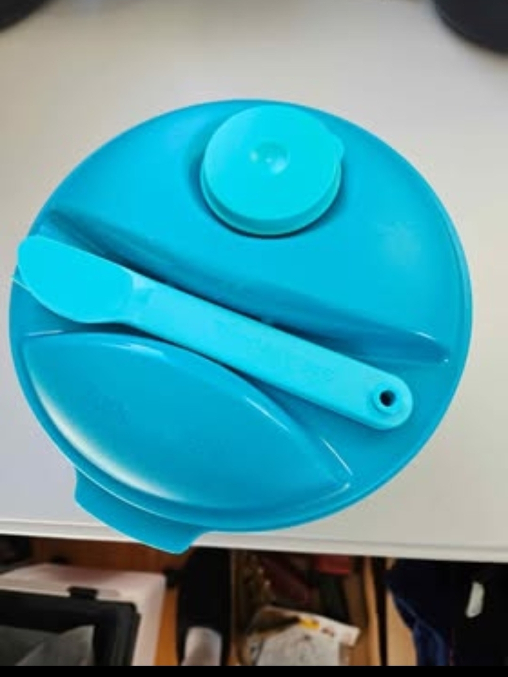 Tupperware Turquoise Blue Salad Container With Dressing Cup  Lid with Silverware